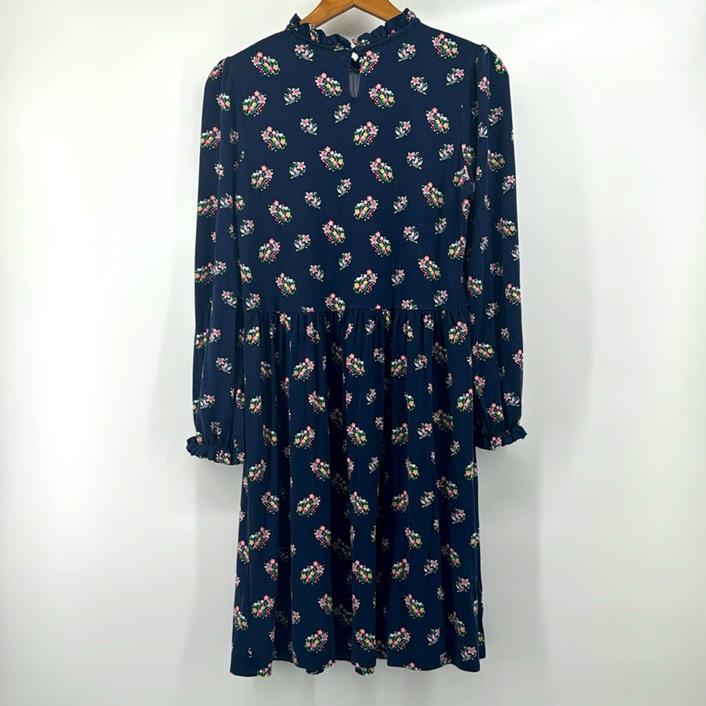 Boden Navy Pretty Bird Floral Clara Long Sleeve Ruffle Neck Jersey Dress - Picture 6 of 9